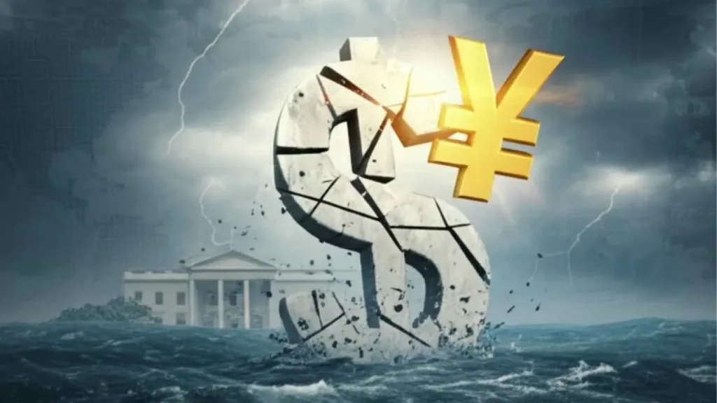 A cracked U.S. dollar symbol sinking as gold and the yuan rise — representing Trump’s new economic strategy and global currency shift 2 is the us dollar collapsing 2025