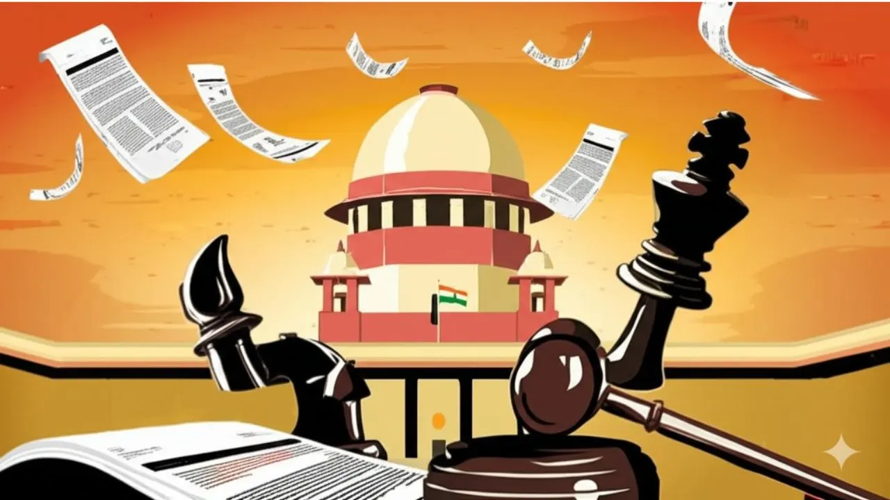 Editorial illustration of the Indian judiciary vs executive conflict, featuring Supreme Court and Parliament as opposing forces on a symbolic chessboard. Highlights Article 142 debate and constitutional tension in India, 2025.